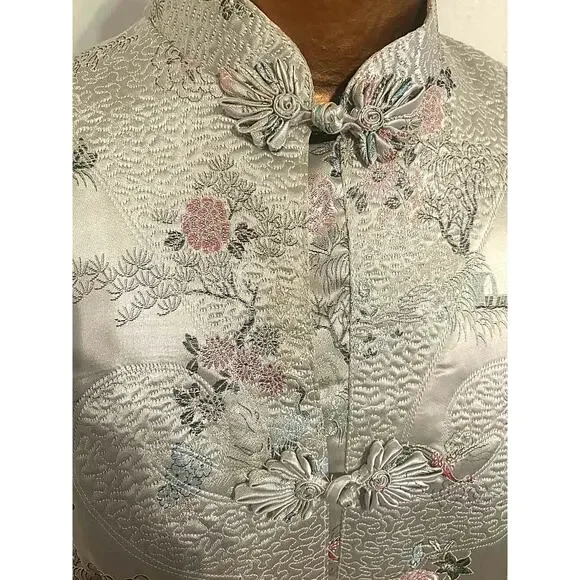Vtg Gold Asian Satin Brocade Long Cheongsam Robe Jacket Embroidered Floral Sz XL - Picture 6 of 13